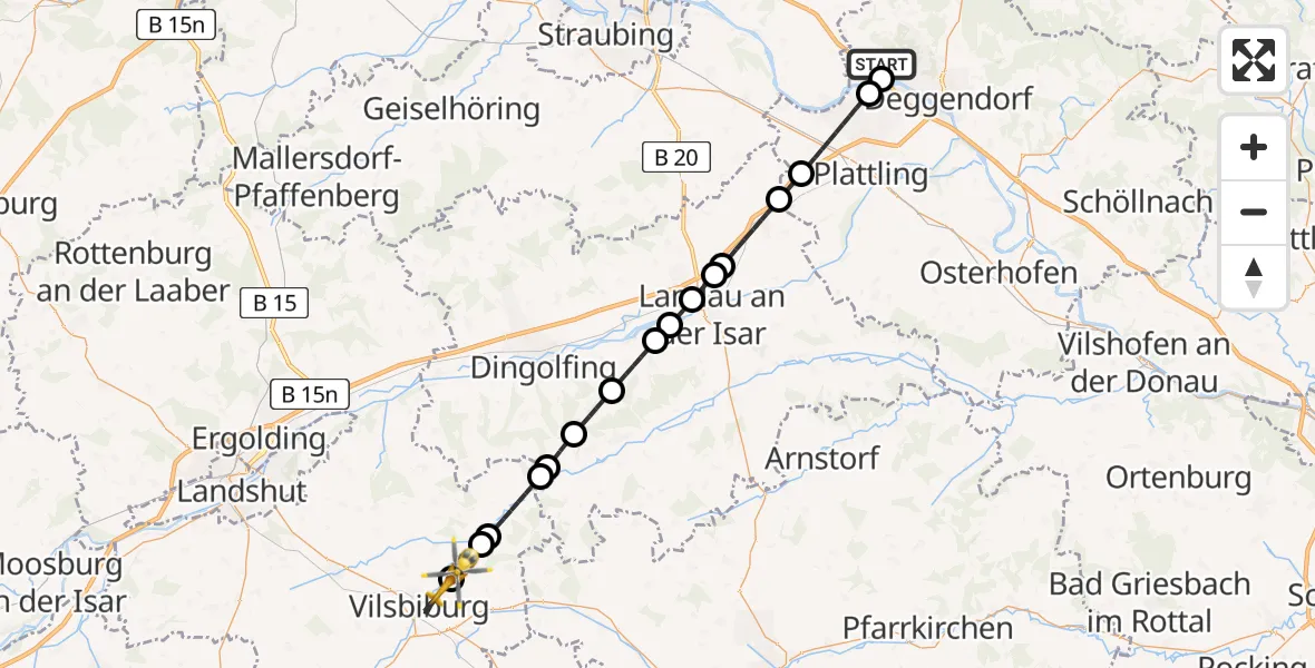 Flugroute Rettungshubschrauber Offenberg - Vilsbiburg, 20 Juni 2026, 17:14