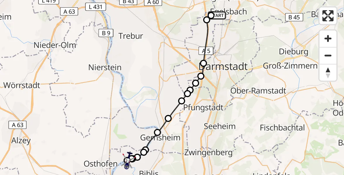 Flugroute Polizeihubschrauber Flughafen Frankfurt-Egelsbach - Biblis, 20 Juni 2026, 17:17