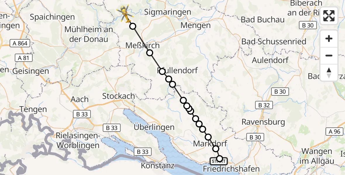 Flugroute Rettungshubschrauber Friedrichshafen Hospital - Leibertingen, 20 Juni 2026, 17:19