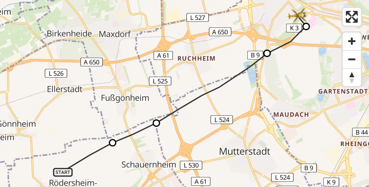 Flugroute Rettungshubschrauber Rödersheim-Gronau - Ludwigshafen am Rhein, 20 Juni 2026, 17:20