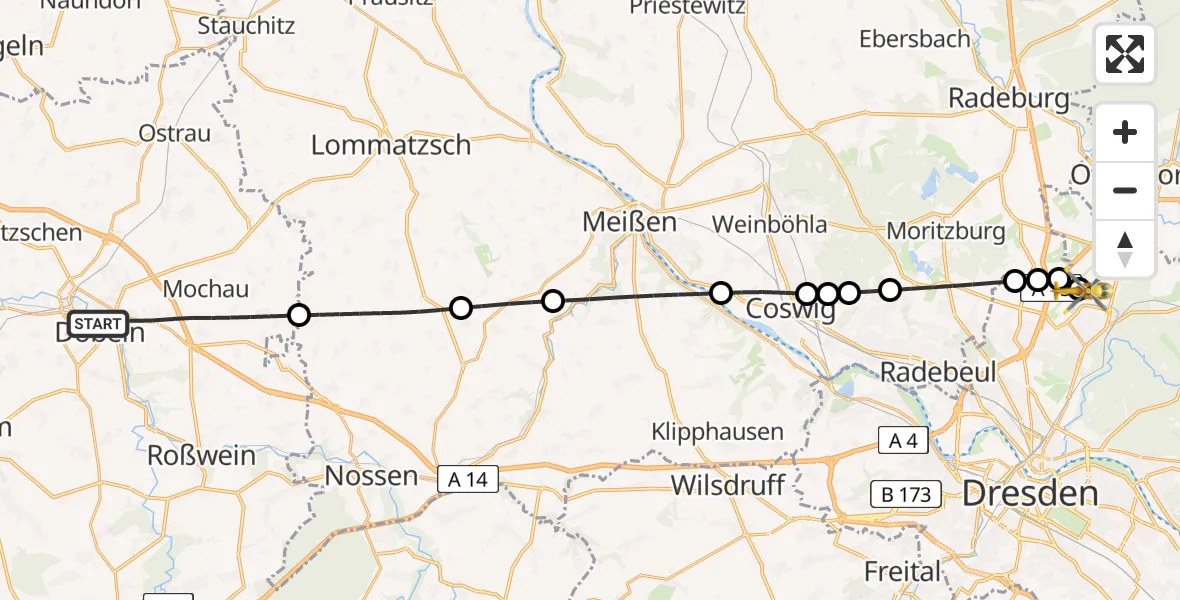 Flugroute Rettungshubschrauber Döbeln - Dresden Bundespolizei Hubschrauberlandeplatz, 20 Juni 2026, 17:20