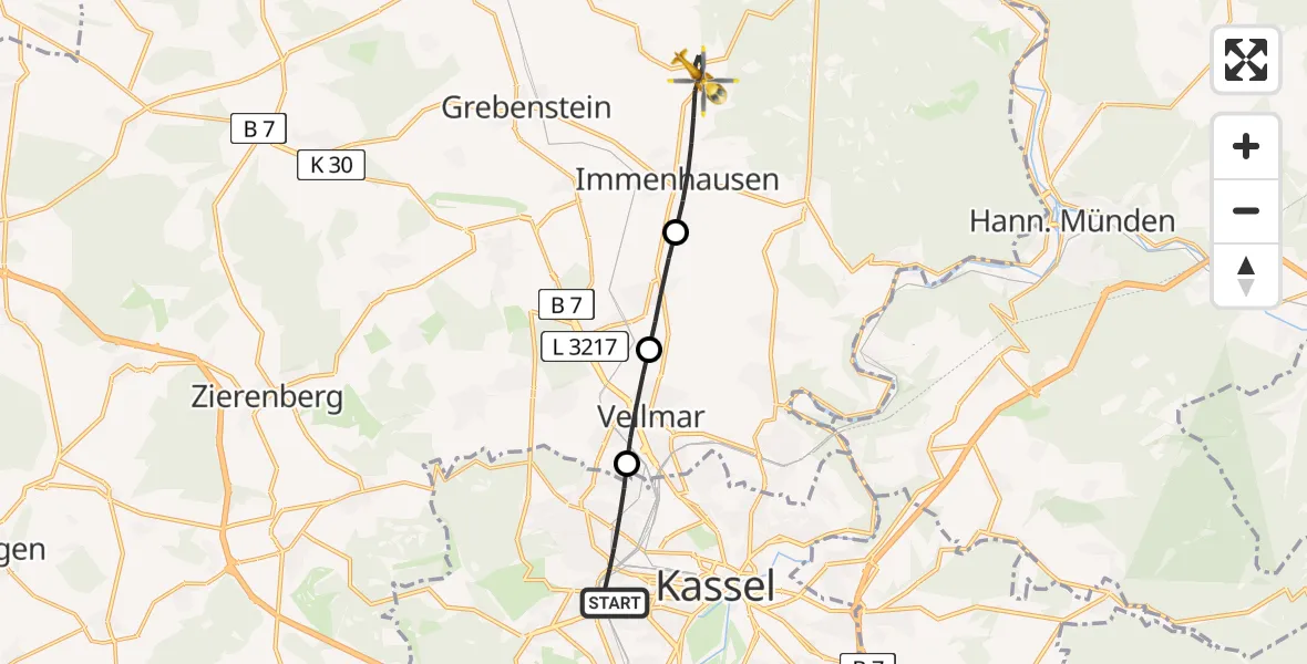 Flugroute Rettungshubschrauber Kassel - Immenhausen, 20 Juni 2026, 17:29