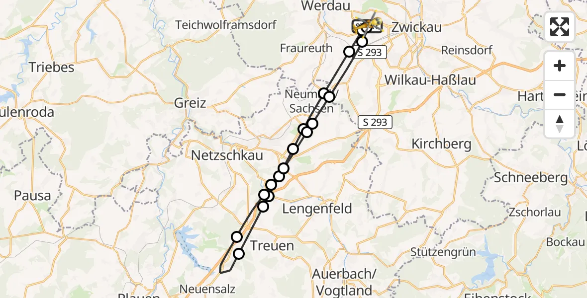 Flugroute Rettungshubschrauber ADAC Air Rescue Station Zwickau Hubschrauberlandeplatz - ADAC Air Rescue Station Zwickau Hubschrauberlandeplatz, 20 Juni 2026, 17:30