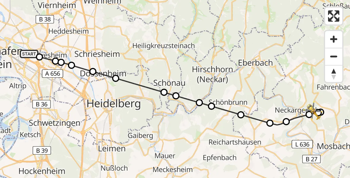 Flugroute Rettungshubschrauber Mannheim-City Flughafen - Mosbach, 20 Juni 2026, 17:31