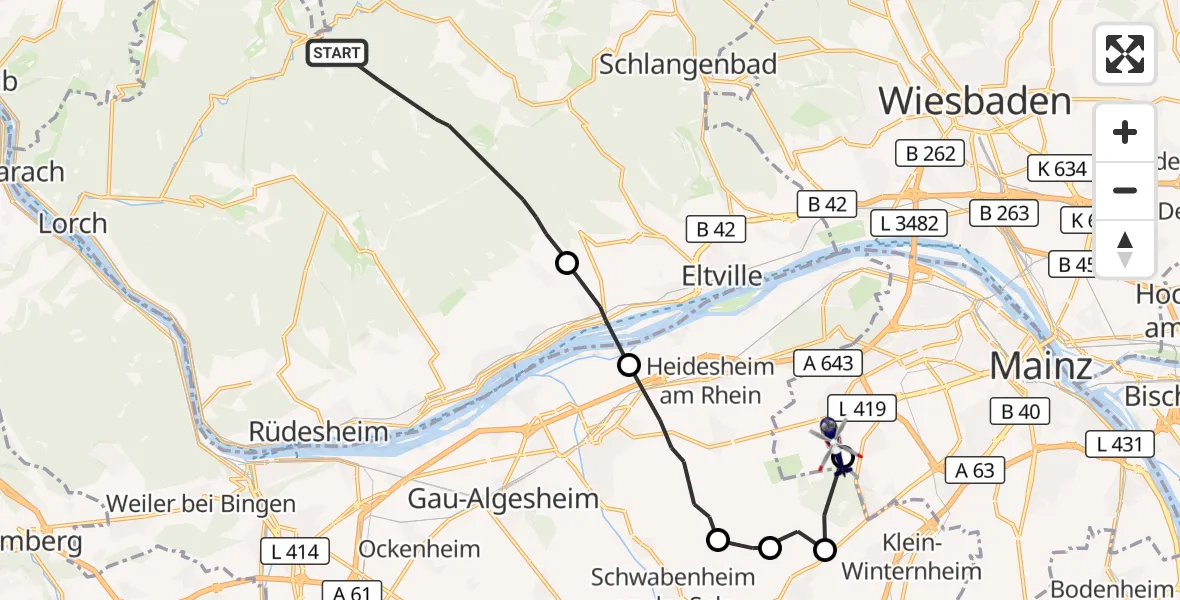 Flugroute Polizeihubschrauber Oestrich-Winkel - Mainz, 20 Juni 2026, 17:32