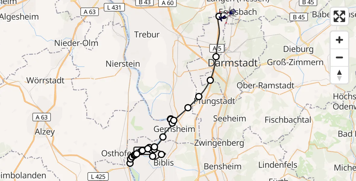 Flugroute Polizeihubschrauber Worms - Flughafen Frankfurt-Egelsbach, 20 Juni 2026, 17:38