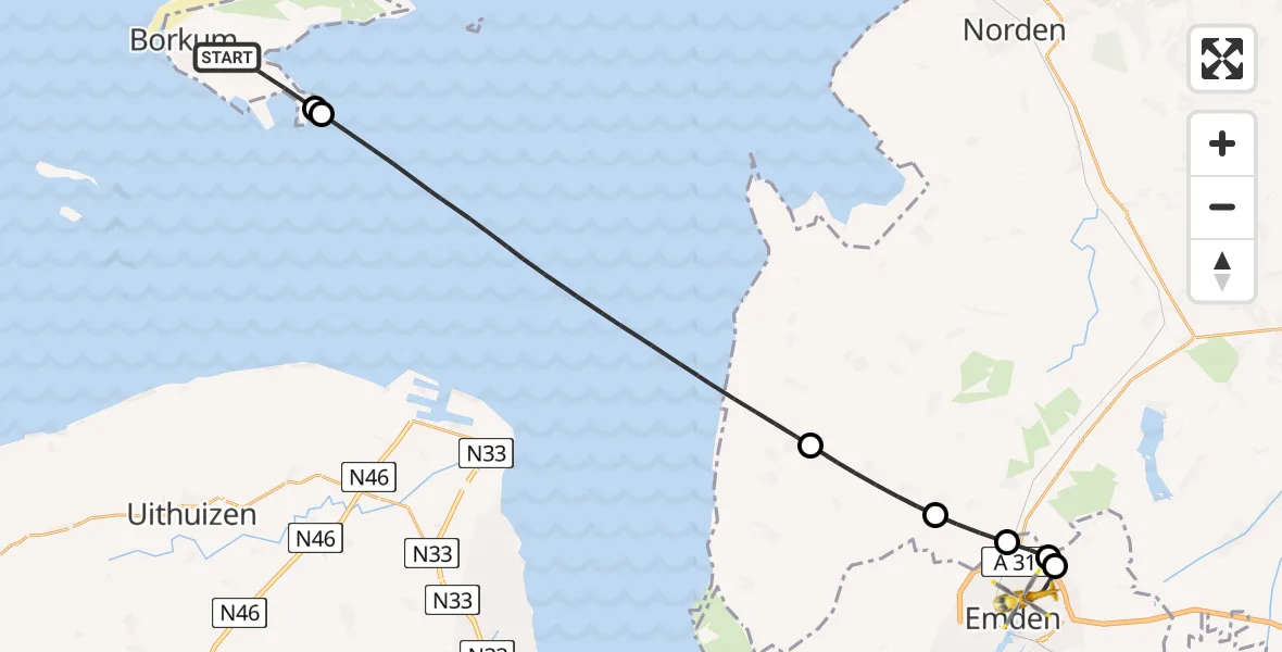 Flugroute Ambulanzhubschrauber Noordzee - Emden, 20 Juni 2026, 17:38