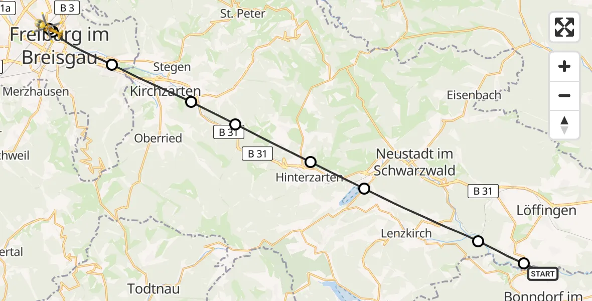 Flugroute Ambulanzhubschrauber Bonndorf im Schwarzwald - Freiburg University Hospital Heliport 1, 20 Juni 2026, 17:46