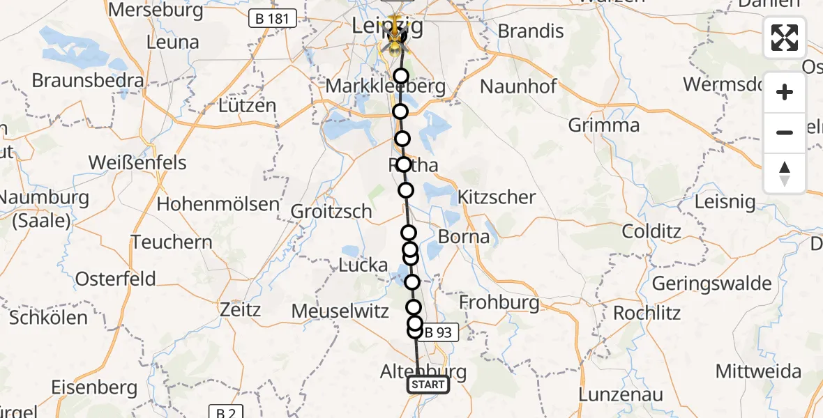 Flugroute Ambulanzhubschrauber Altenburg - Leipzig University Hospital Heliport 1, 20 Juni 2026, 17:48
