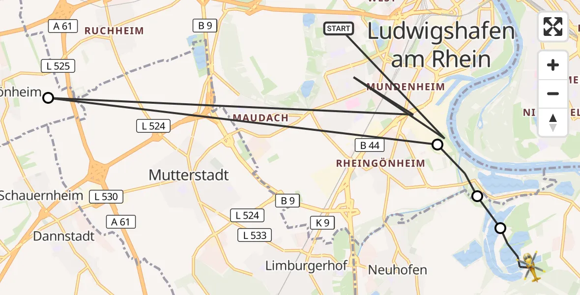 Flugroute Rettungshubschrauber Ludwigshafen am Rhein - Altrip, 20 Juni 2026, 17:50