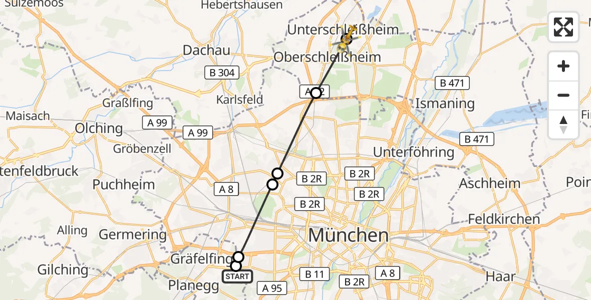 Flugroute Rettungshubschrauber DRF Air Rescue München Hubschrauberlandeplatz - Unterschleißheim, 20 Juni 2026, 17:58