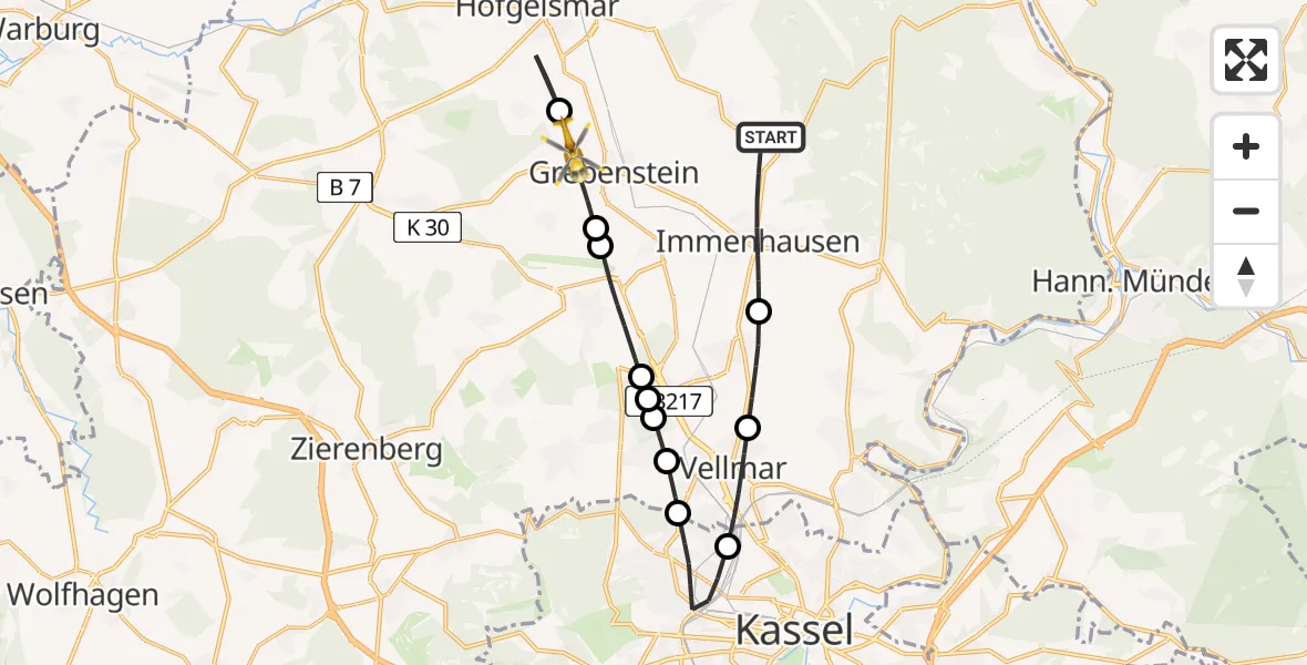 Flugroute Rettungshubschrauber Immenhausen - Grebenstein, 20 Juni 2026, 18:00