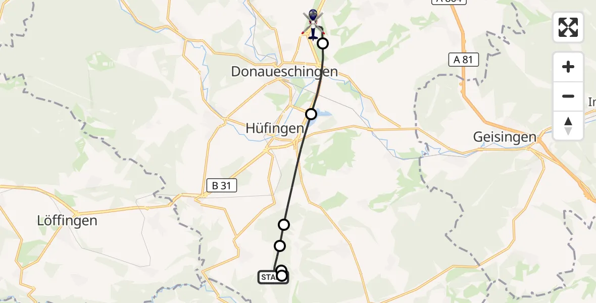 Flugroute Polizeihubschrauber Hüfingen - Donaueschingen-Villingen Flugplatz, 20 Juni 2026, 18:02