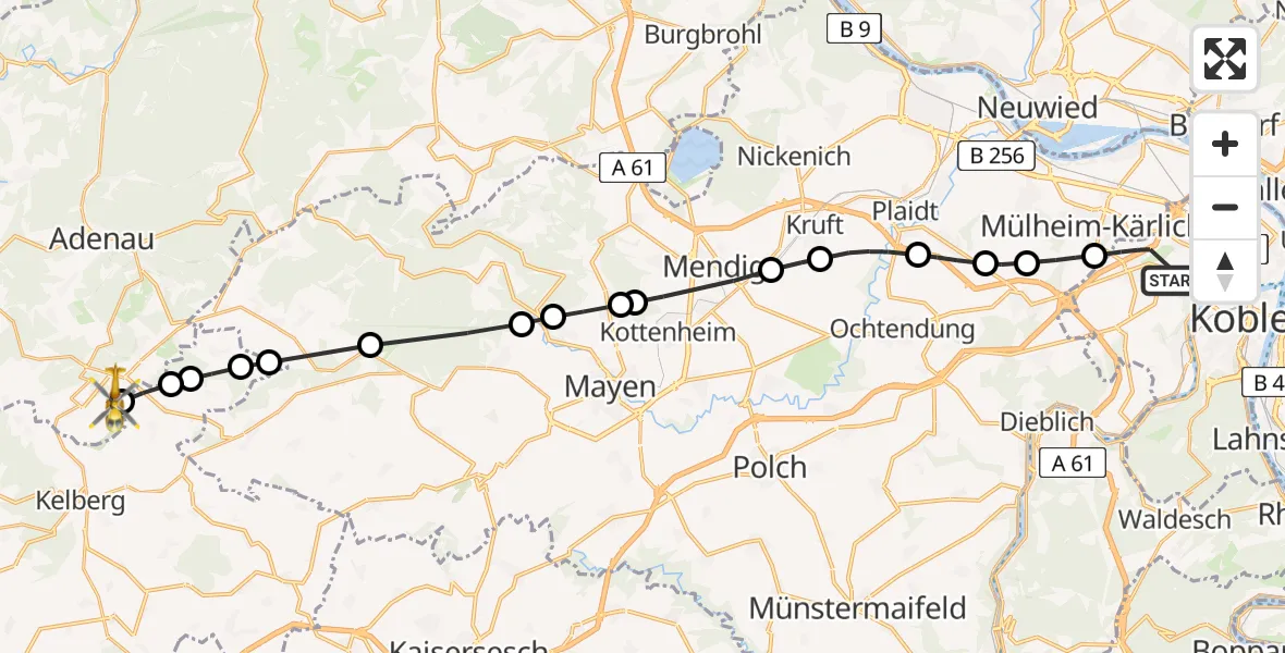 Flugroute Rettungshubschrauber Koblenz - Müllenbach, 20 Juni 2026, 18:05