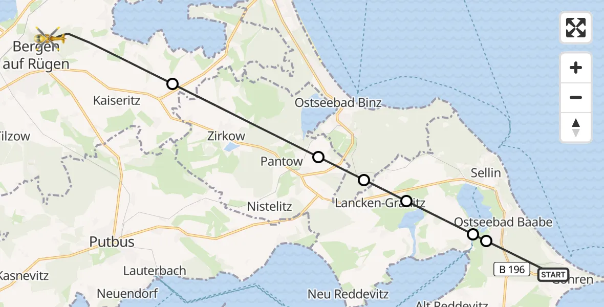 Flugroute Rettungshubschrauber Göhren - Bergen auf Rügen, 20 Juni 2026, 18:14