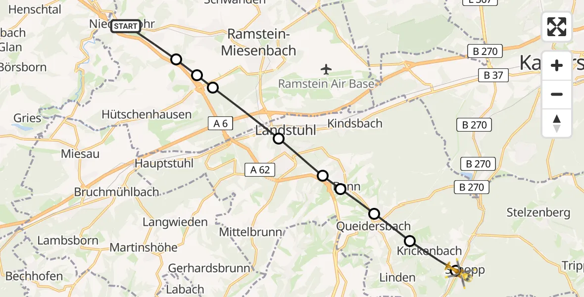Flugroute Rettungshubschrauber Niedermohr - Schopp, 20 Juni 2026, 18:24