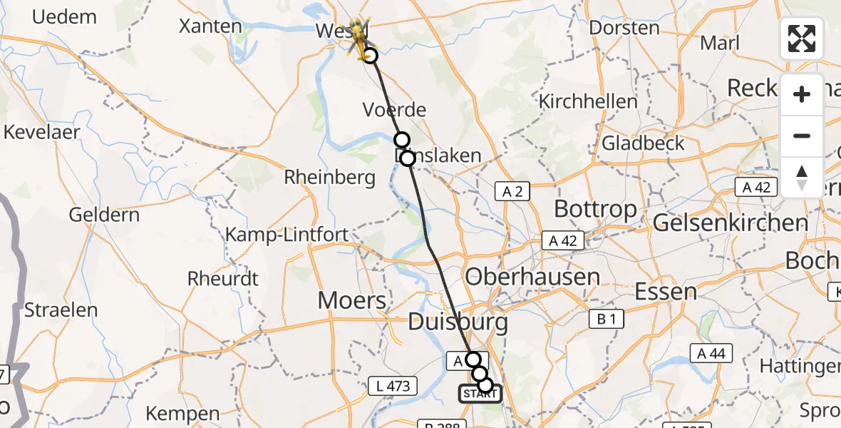 Flugroute Rettungshubschrauber Duisburg Air Rescue Hubschrauberlandeplatz (Christoph 9) - Wesel, 20 Juni 2026, 18:24