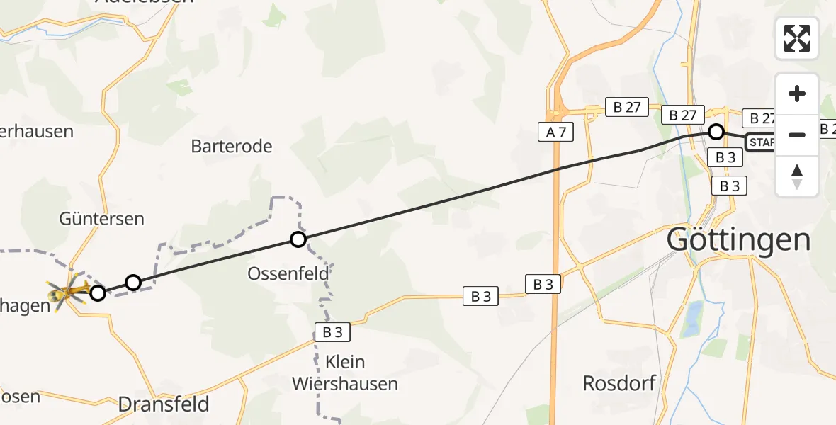 Flugroute Rettungshubschrauber Göttingen University Clinic Hubschrauberlandeplatz - Niemetal, 20 Juni 2026, 18:24