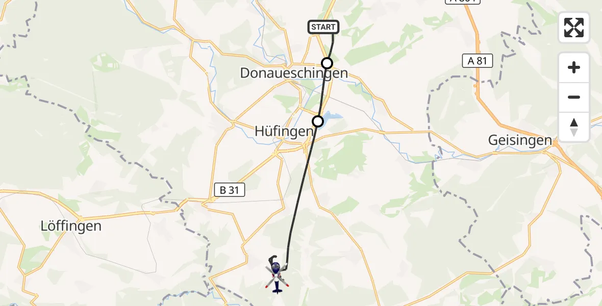 Flugroute Polizeihubschrauber Donaueschingen-Villingen Flugplatz - Hüfingen, 20 Juni 2026, 18:31