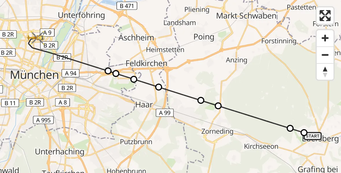 Flugroute Rettungshubschrauber Ebersberg Hubschrauberlandeplatz - München, 20 Juni 2026, 18:33