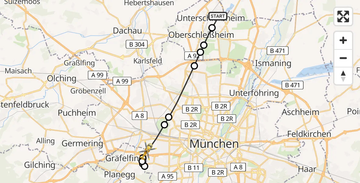 Flugroute Rettungshubschrauber Unterschleißheim - München, 20 Juni 2026, 18:45