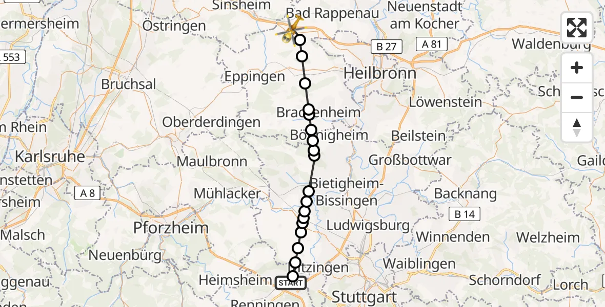 Flugroute Rettungshubschrauber Leonberg Hospital - Kirchardt, 20 Juni 2026, 18:46