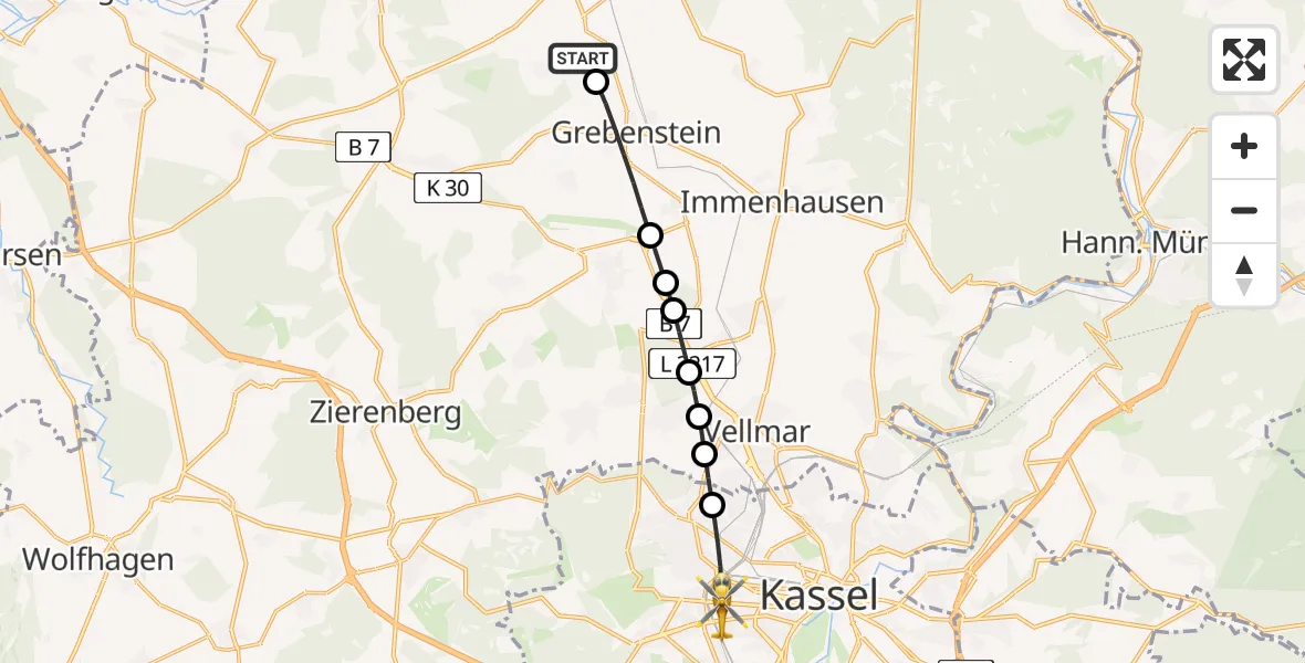 Flugroute Rettungshubschrauber Hofgeismar - Kassel, 20 Juni 2026, 18:48