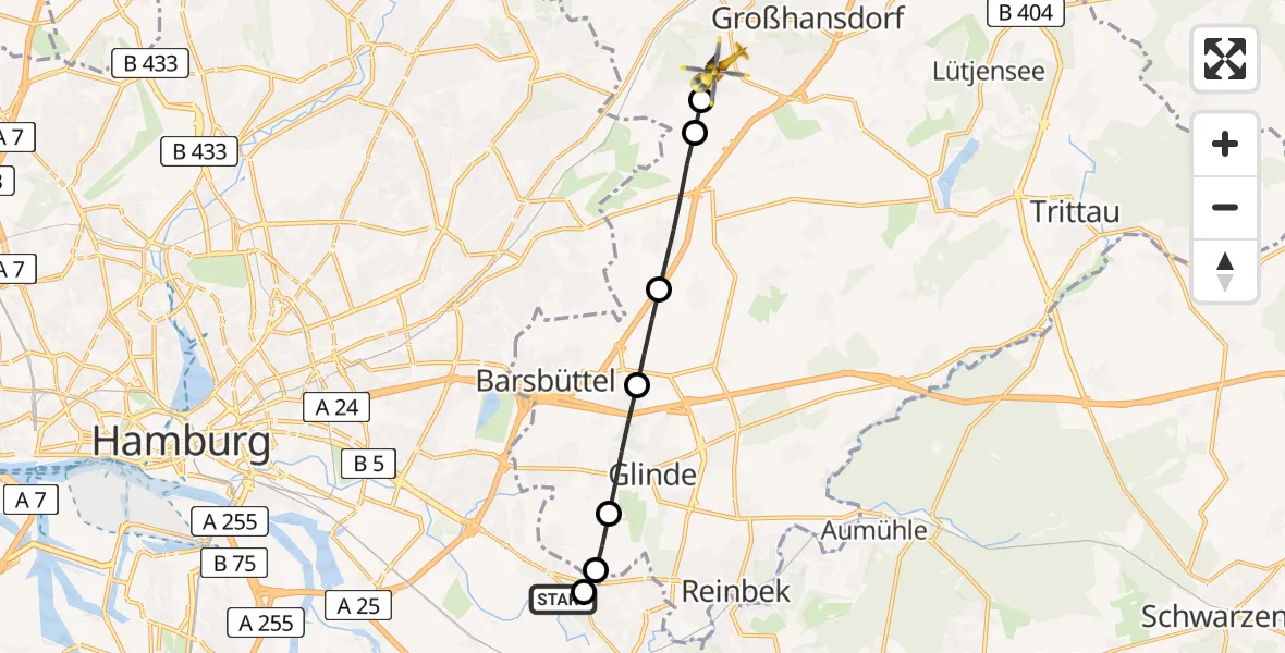 Flugroute Ambulanzhubschrauber Christoph Hansa ADAC Hubschrauberlandeplatz - Ahrensburg, 20 Juni 2026, 18:50