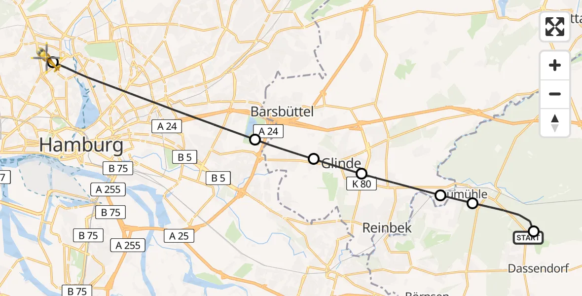 Flugroute Ambulanzhubschrauber Dassendorf - Universitätsklinikum Hamburg-Eppendorf Hubschrauberlandeplatz, 20 Juni 2026, 18:50