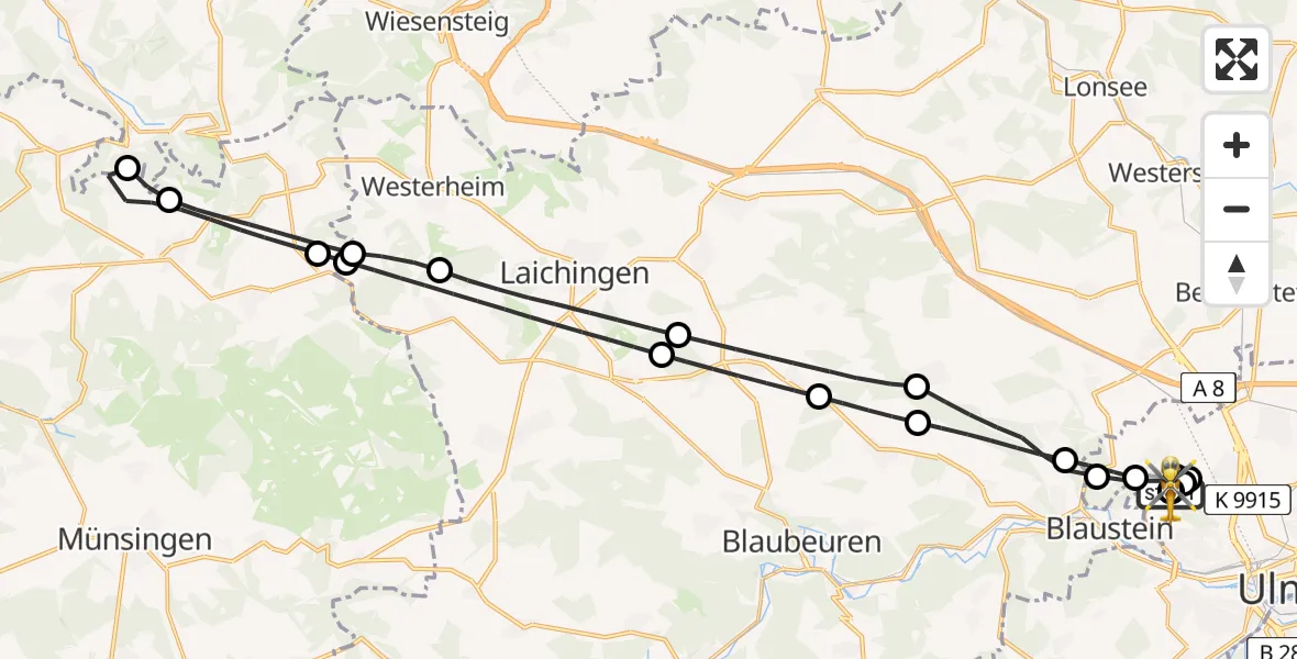 Flugroute Rettungshubschrauber Ulm Military Hospital Emergency - ADAC Air Rescue Station Ulm (Christoph 22), 20 Juni 2026, 18:58