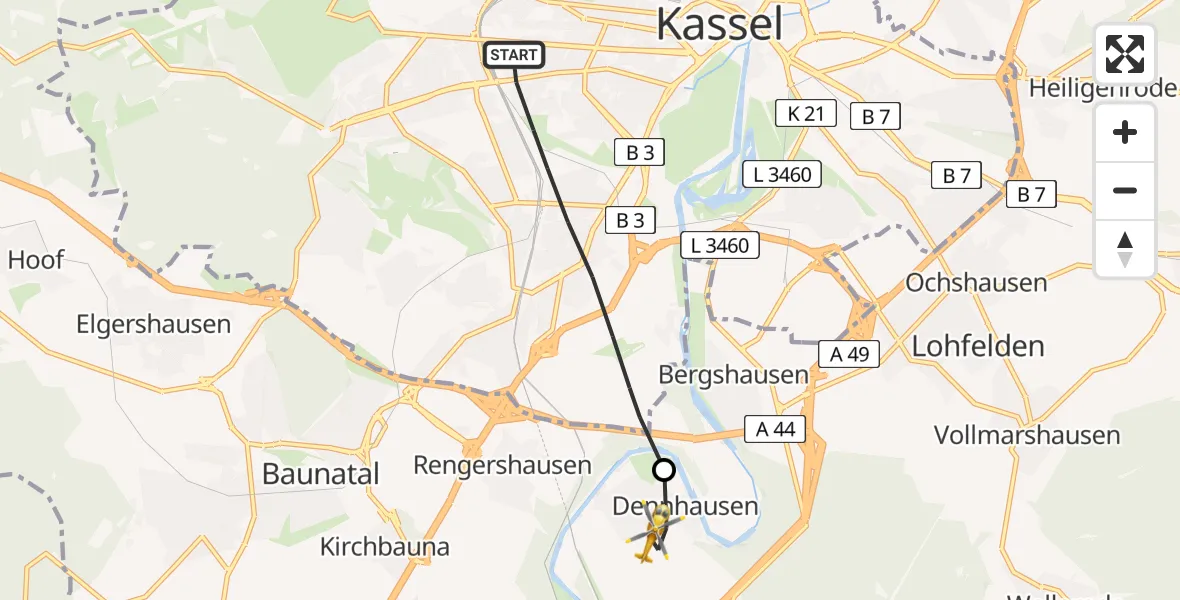 Flugroute Rettungshubschrauber Kassel - Fuldabrück, 20 Juni 2026, 19:12