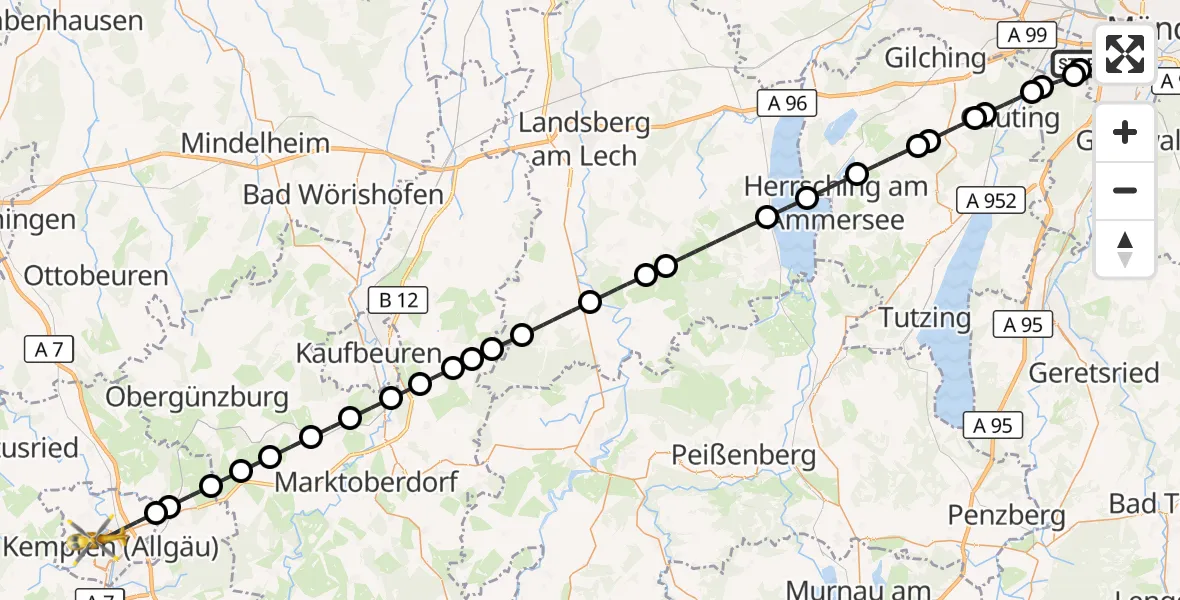 Flugroute Rettungshubschrauber DRF Air Rescue München Hubschrauberlandeplatz - Kempten (Allgäu), 20 Juni 2026, 19:12