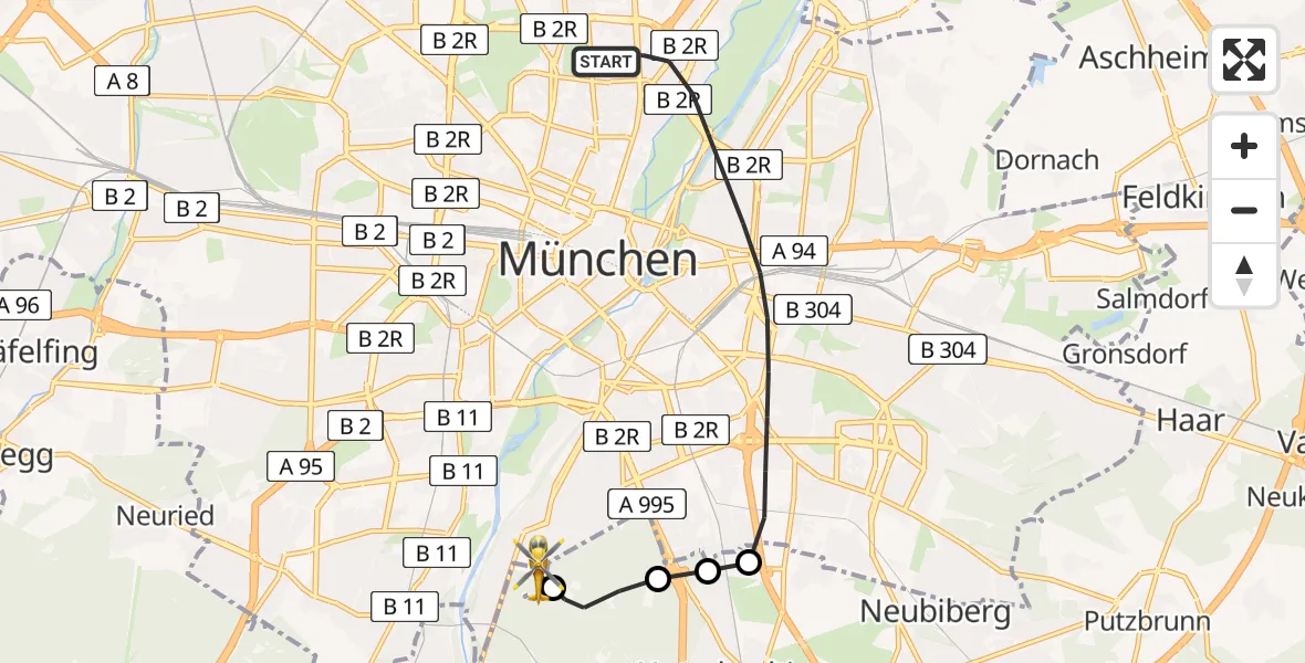 Flugroute Rettungshubschrauber München - ADAC Air Rescue Center Hubschrauberlandeplatz (Christoph 1), 20 Juni 2026, 19:13