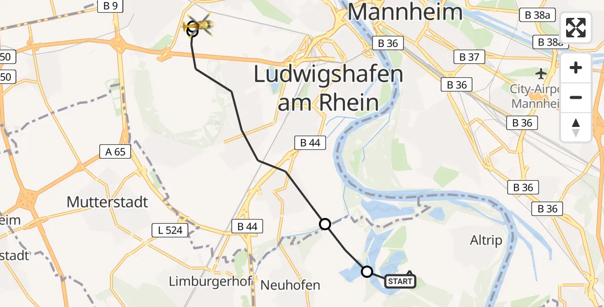 Flugroute Rettungshubschrauber Altrip - Ludwigshafen Accident Hospital, 20 Juni 2026, 19:17