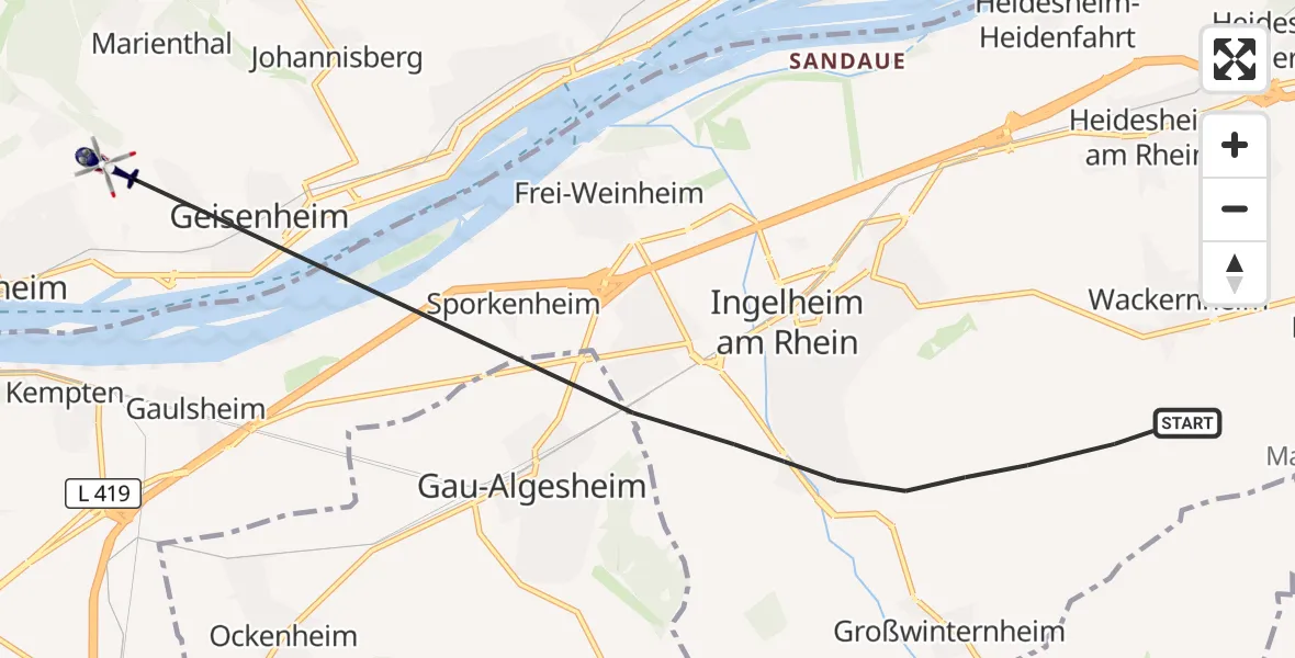 Flugroute Polizeihubschrauber Ingelheim am Rhein - Geisenheim, 20 Juni 2026, 19:17