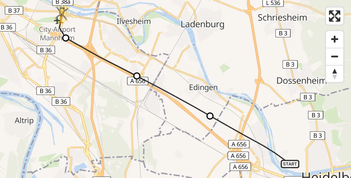 Flugroute Rettungshubschrauber Heidelberg - Mannheim-City Flughafen, 20 Juni 2026, 19:21