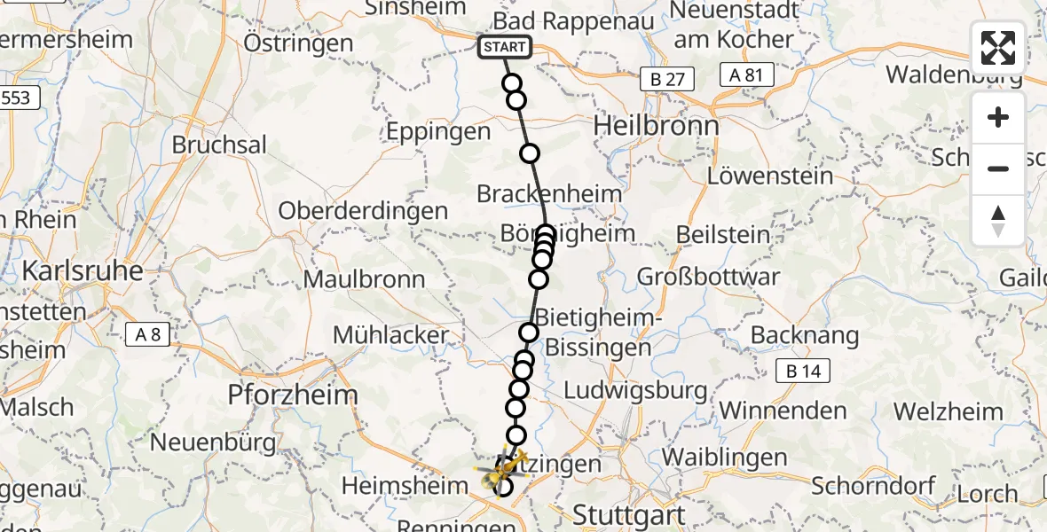 Flugroute Rettungshubschrauber Kirchardt - Leonberg, 20 Juni 2026, 19:23