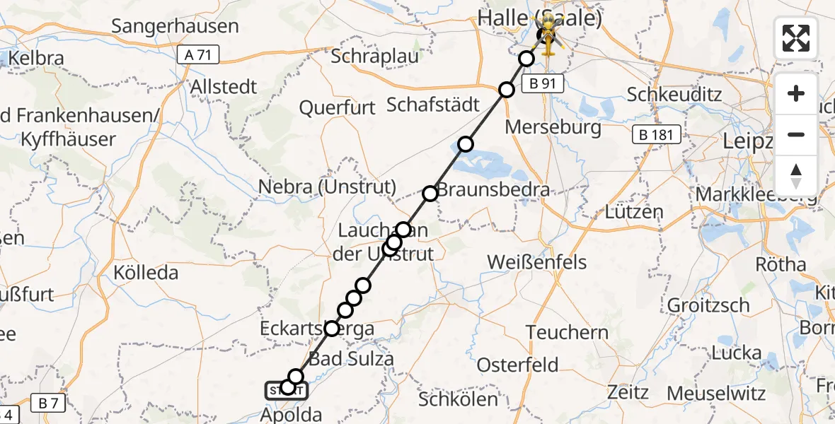 Flugroute Ambulanzhubschrauber Apolda - BG Hospital Bergmannstrost Halle, 20 Juni 2026, 19:37