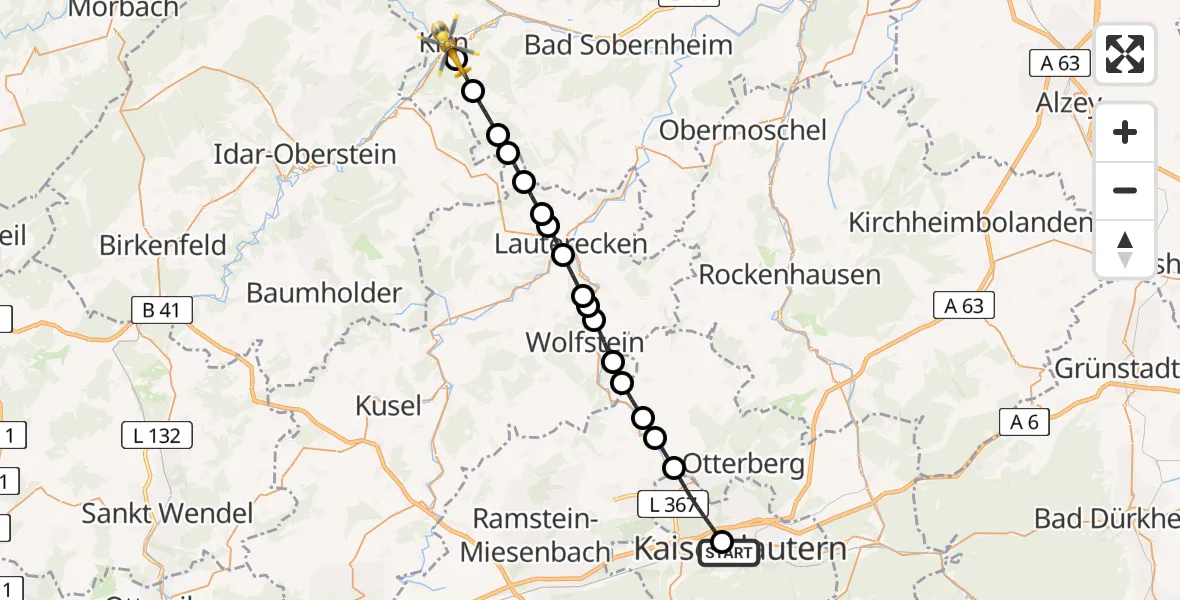 Flugroute Rettungshubschrauber Westpfalz Hospital Kaiserslautern - Kirn, 20 Juni 2026, 19:39