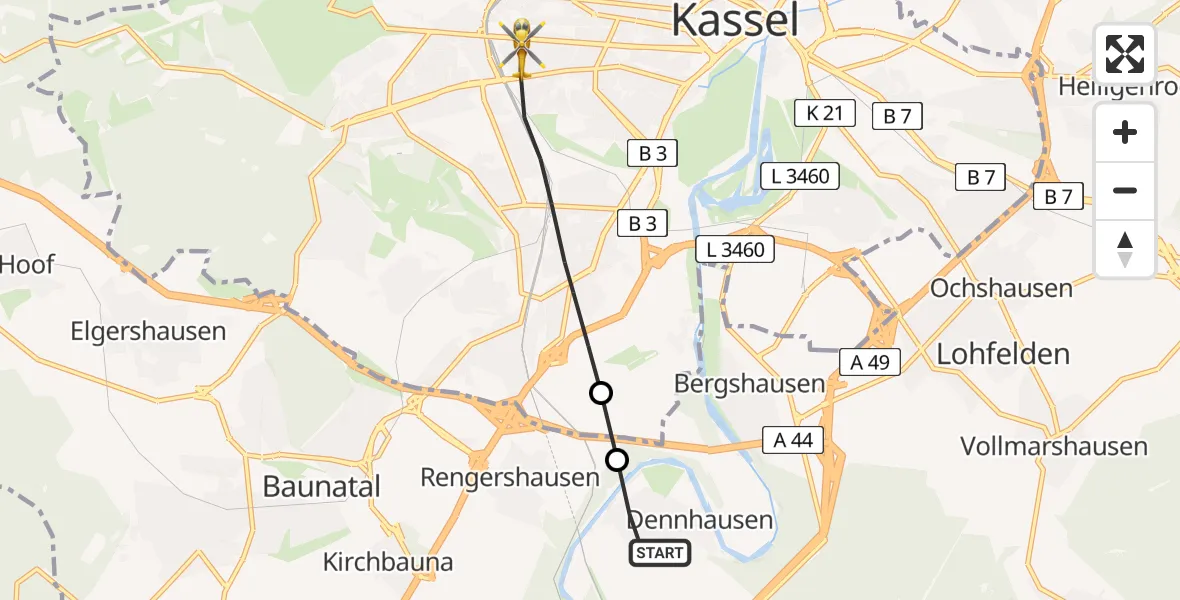 Flugroute Rettungshubschrauber Fuldabrück - Kassel, 20 Juni 2026, 19:41
