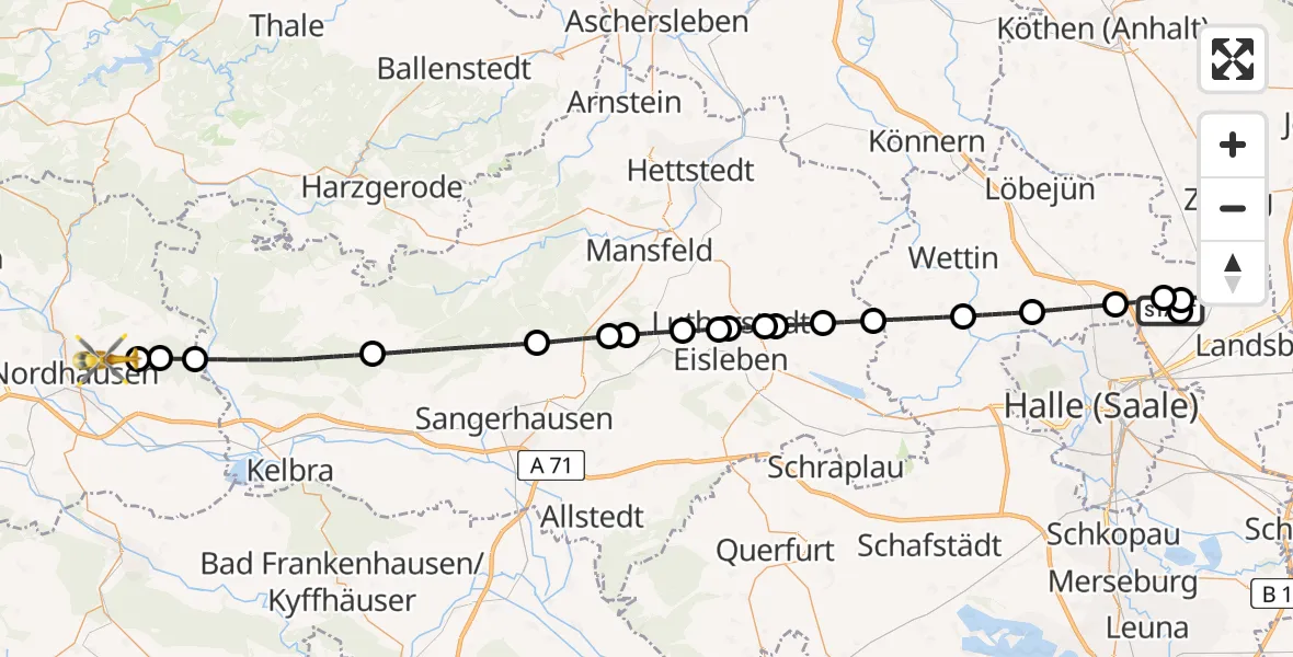 Flugroute Rettungshubschrauber Halle-Oppin Flugplatz - Nordhausen, 20 Juni 2026, 19:52