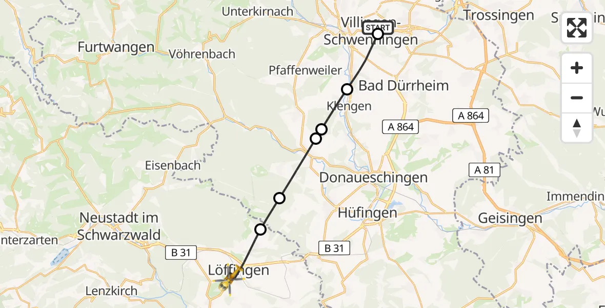 Flugroute Ambulanzhubschrauber DRF Air Rescue Station Villingen-Schwenningen Hubschrauberlandeplatz (Christoph 11) - Löffingen, 20 Juni 2026, 19:56