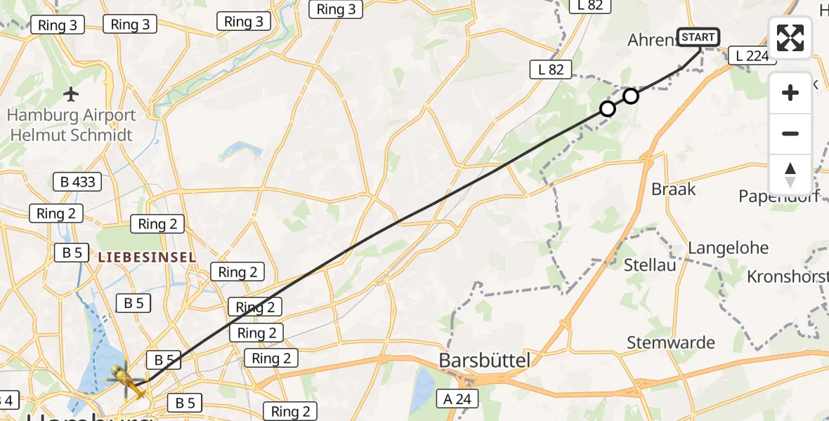 Flugroute Ambulanzhubschrauber Ahrensburg - Hamburg, 20 Juni 2026, 20:02