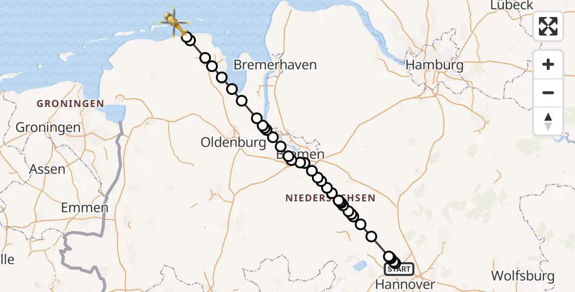 Flugroute Rettungshubschrauber Flughafen Hannover - Noordzee, 20 Juni 2026, 20:07