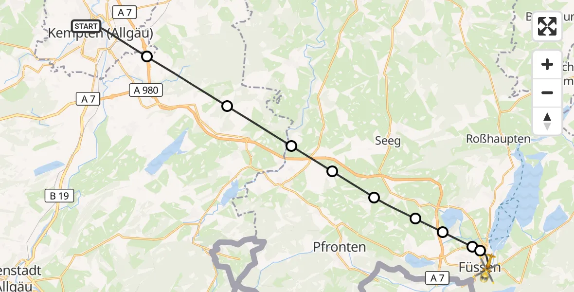 Flugroute Rettungshubschrauber Kempten (Allgäu) - Füssen, 20 Juni 2026, 20:26
