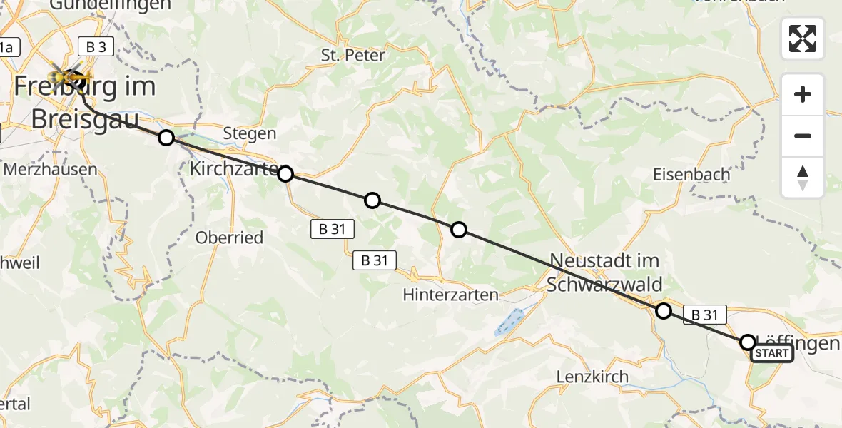 Flugroute Ambulanzhubschrauber Löffingen - Freiburg University Hospital Heliport 1, 20 Juni 2026, 20:28