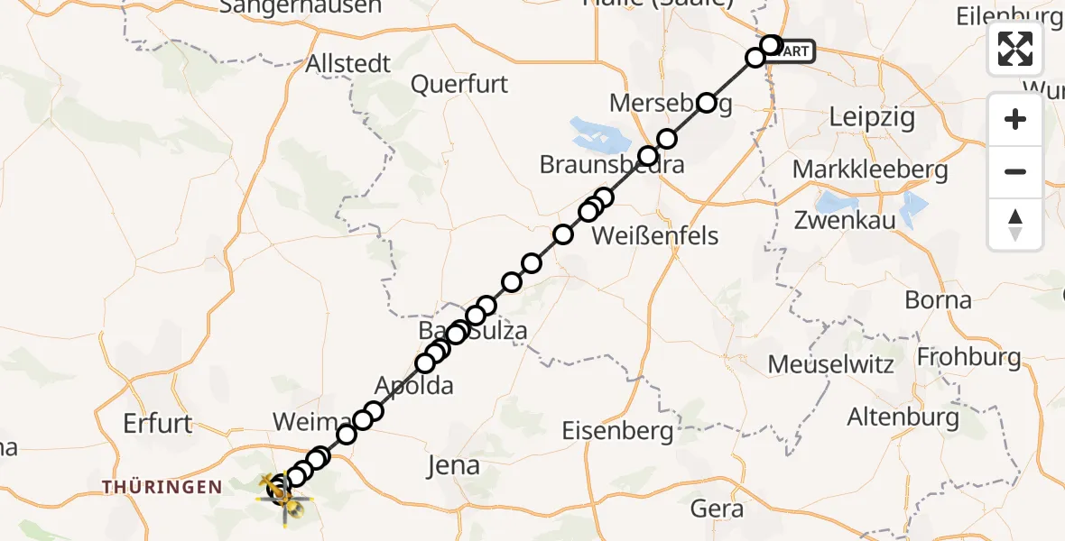 Flugroute Ambulanzhubschrauber Flughafen Leipzig/Halle - DRF Rettungsstation Bad Berka Hubschrauberlandeplatz, 20 Juni 2026, 20:58