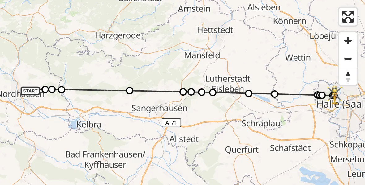 Flugroute Rettungshubschrauber Nordhausen - Halle (Saale) University Hospital, 20 Juni 2026, 21:04
