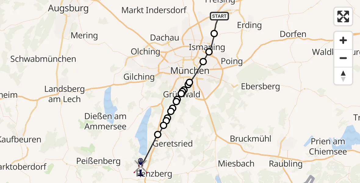 Flugroute Polizeihubschrauber Hallbergmoos - Iffeldorf, 20 Juni 2026, 21:15