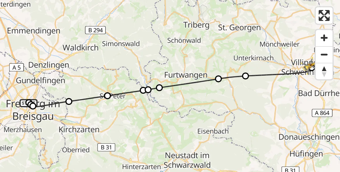 Flugroute Ambulanzhubschrauber Freiburg University Hospital Heliport 1 - DRF Air Rescue Station Villingen-Schwenningen Hubschrauberlandeplatz (Christoph 11), 20 Juni 2026, 21:18
